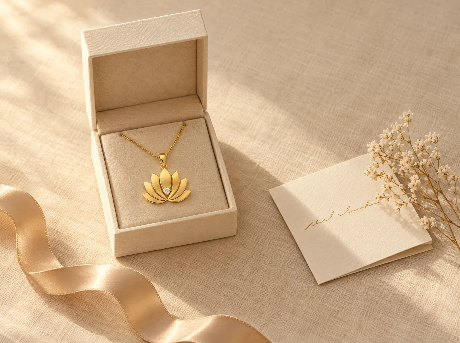 The Nur pendant in gold in an open box, beside a handwritten card