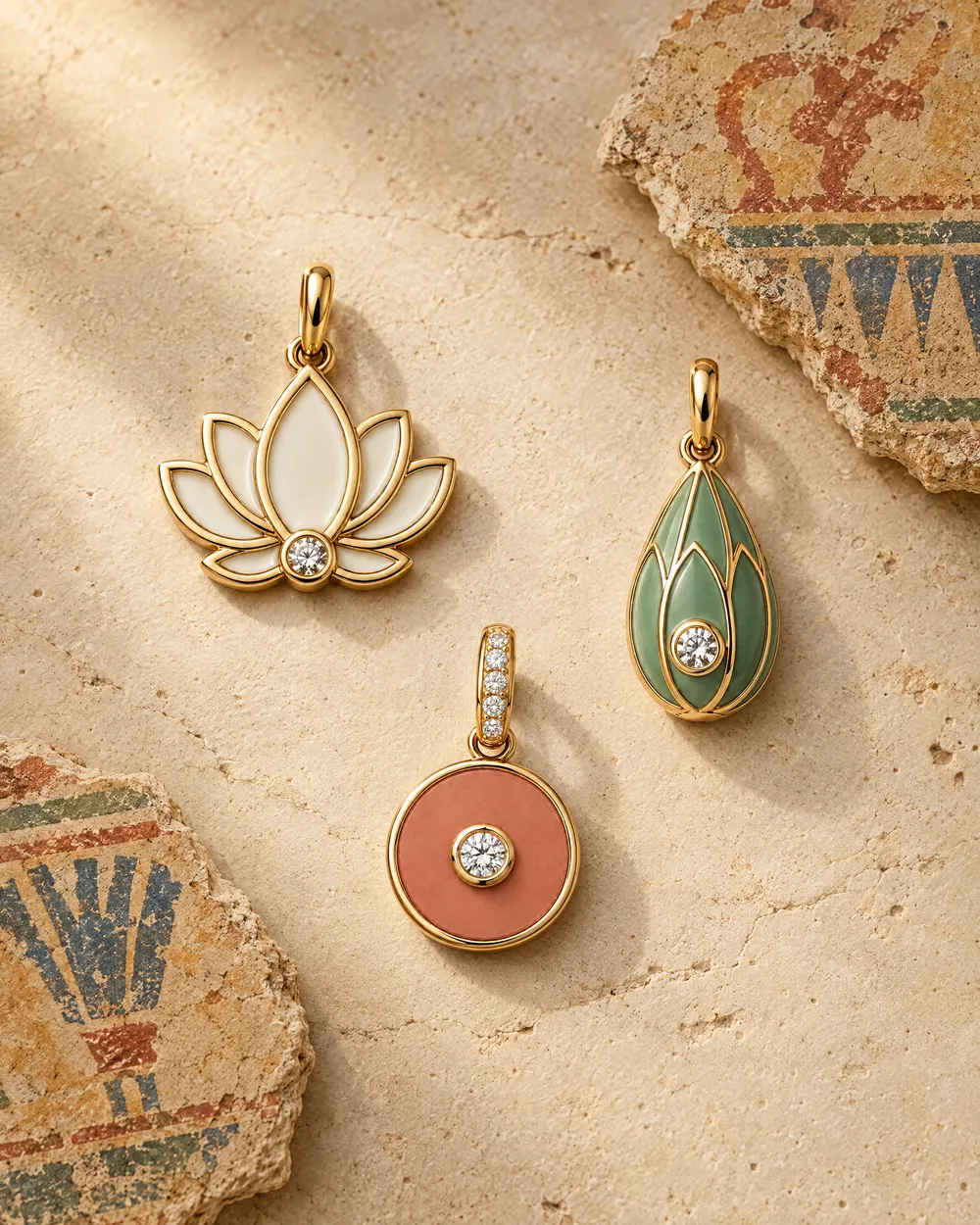 The Nur, Sabr and Farah charms on limestone beside fragments of painted plaster