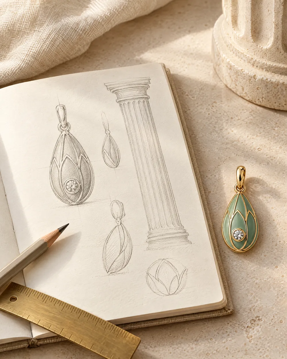 A sketchbook of pencil drawings of lotus jewellery beside the Sabr charm